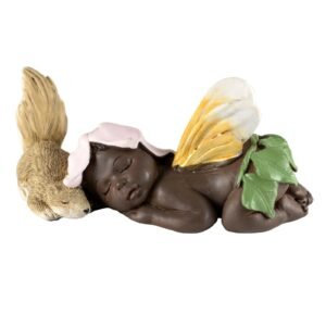 Fairy Collection~Ebony Baby Fairy Sleeping With Squirrel Figurine 3.25" Long Resin New In Box!