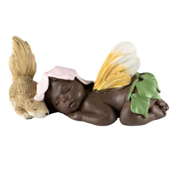 Fairy Collection~Ebony Baby Fairy Sleeping With Squirrel Figurine 3.25" Long Resin New In Box!