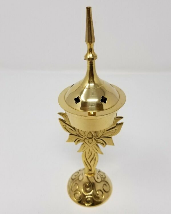 Home Fragrances ~Brass Cone Lotus Design Burner Tower 7.5"H  Standing Incense Charcoal Burner