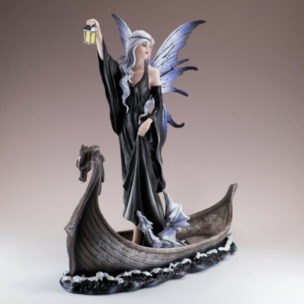Fairy Collection~Gothic Black Fairy With Dragon In Boat Holding Lantern Figurine 10.75"H Statue