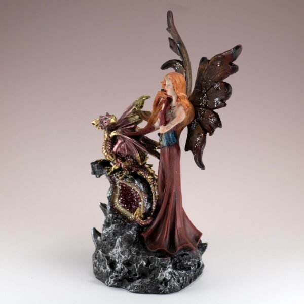 Fairy Collection~Red Fairy Figurine With Dragon On LED Faux Geode 8.5" High Resin Statue New