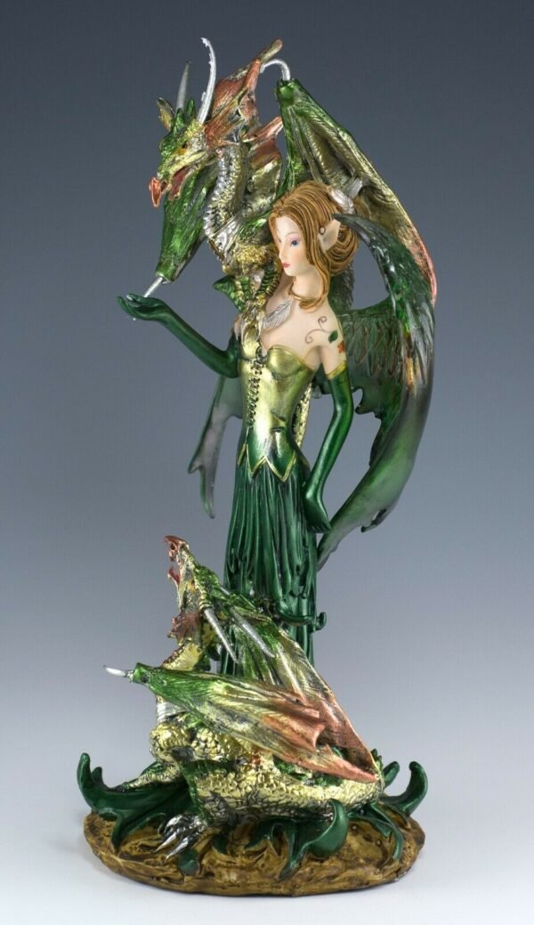 Fairy Collection~Green Fairy With 2 Dragons Figurine Statue 9.25" High Clear Wings Resin New