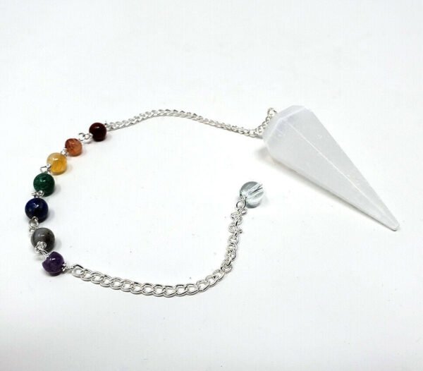 Magicun Stone~Selenite Gemstone Pendulum with Chakra Chain, Faceted (Natural Crystal Stone)