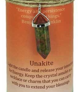 Magic Candle~Energy Pillar Candle 6-1/4" with Unakite Crystal Point Healing Amulet Charm