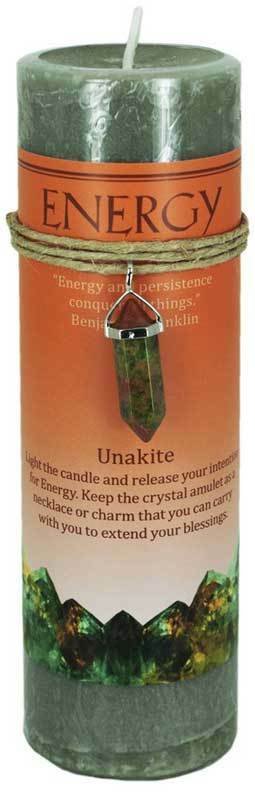 Magic Candle~Energy Pillar Candle 6-1/4" with Unakite Crystal Point Healing Amulet Charm