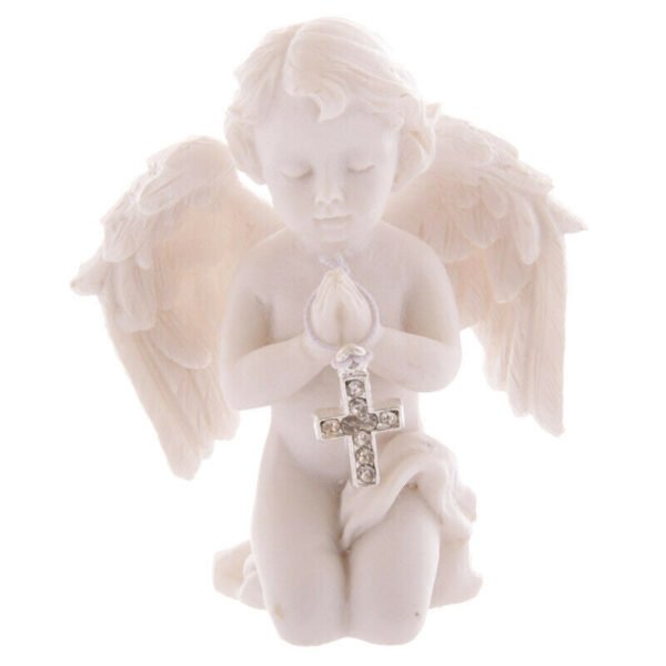 Home Decor~Cute Praying Cherub Figurine Holding Jewelled Silver Cross Ornament Gift Novelty