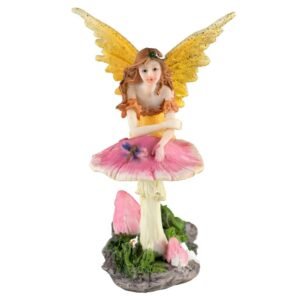 Fairy Collection~Mini Yellow Fairy Leaning On Mushroom Figurine 4.25" High Glittery Resin New!