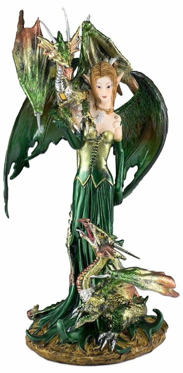 Fairy Collection~Green Fairy With 2 Dragons Figurine Statue 9.25" High Clear Wings Resin New