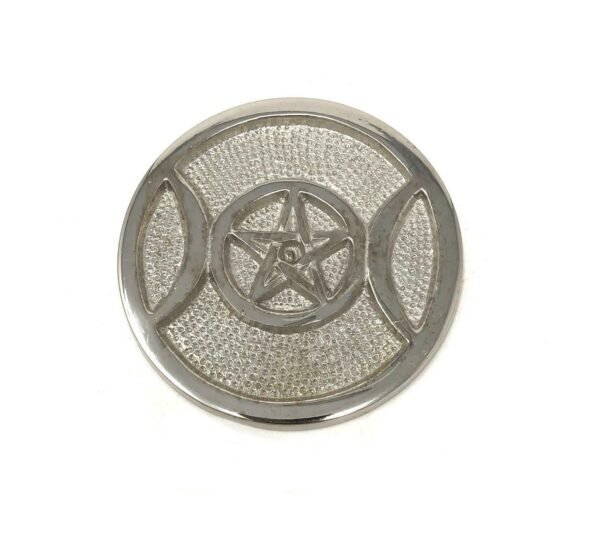 Witchcraft~Silver Tone Triple Moon Pentagram Pentacle Altar Tile Plate 3.5" Pagan Wicca