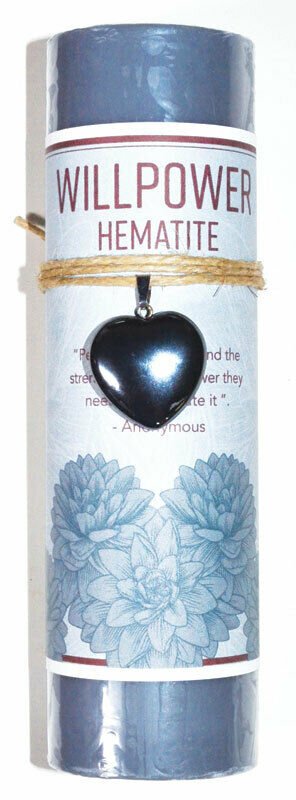Magic Candle~Willpower 6-1/2" x 2" Pillar Candle with Hematite Stone Crystal Heart Pendant
