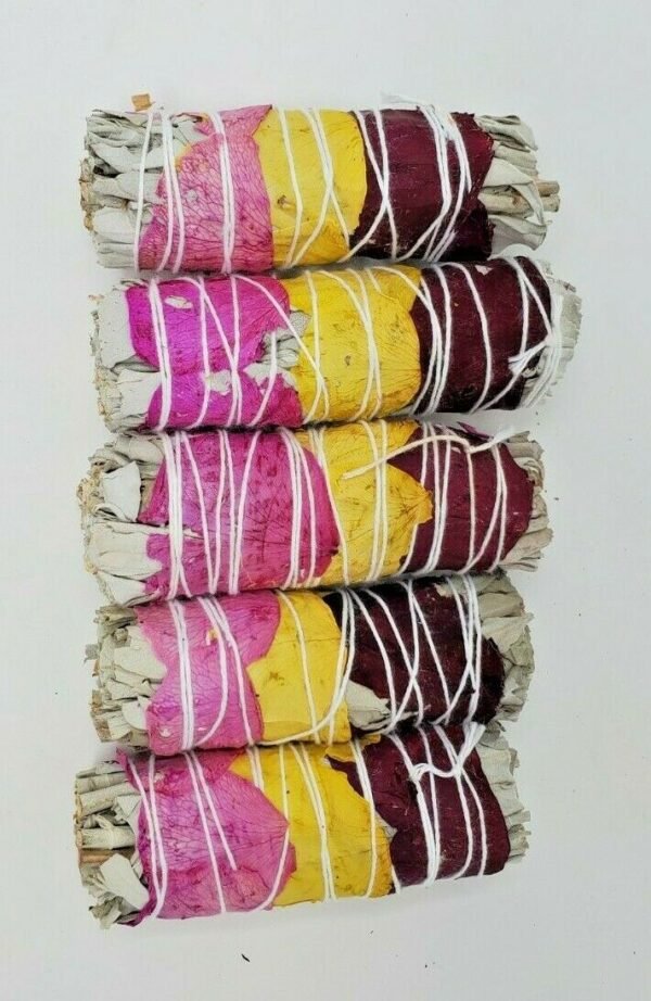 Palo Santo & Sage~10X California White Sage Smudge Sticks with Rose Petals 4" Negativity Removal