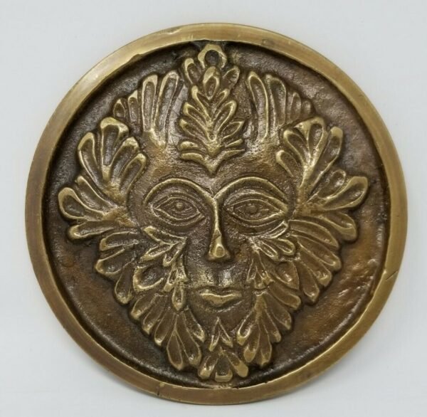 Wicca & Paganism~Solid Brass GREEN MAN Altar Tile Wicca Honey Gold Finish 3.5" Round