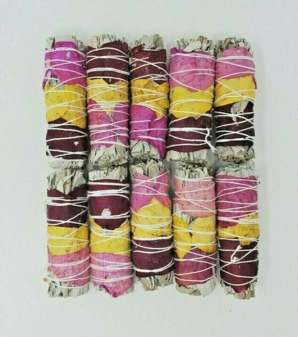 Palo Santo & Sage~10 Pack California White Sage Smudge Sticks w/ Rose Petals 4" Negativity Removal