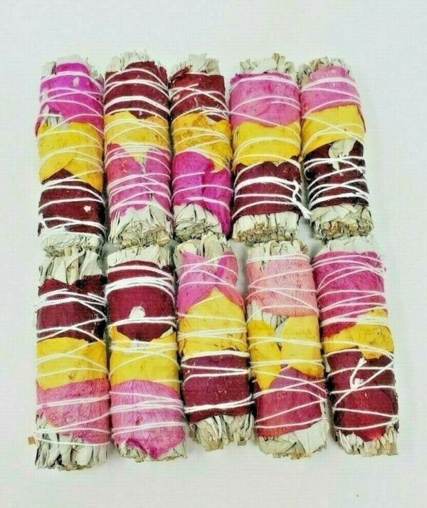 Palo Santo & Sage~5 Pack California White Sage Smudge Sticks w/ Rose Petals 4" Negativity Removal