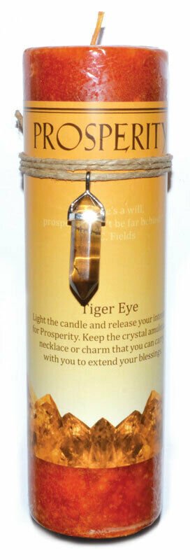 Magic Candle~Prosperity 6-1/2" x 2" Pillar Candle with Tiger Eye Stone Crystal Point Pendant