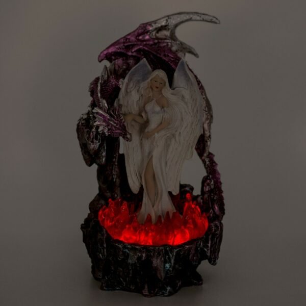 Fairy Collection~White Angel Fairy With Purple Dragon In LED Flames Figurine Statue 10"H New!