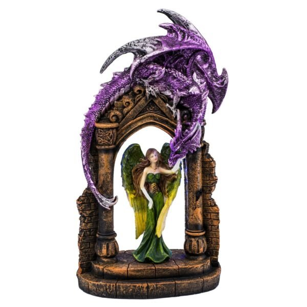 Fairy Collection~Green Angel Fairy With Purple Dragon In LED Lit Arch Figurine Statue 15"H New!