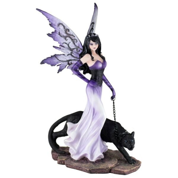 Fairy Collection~Purple Fairy Walking Black Panther On Chain Figurine Statue 11.5" High New!