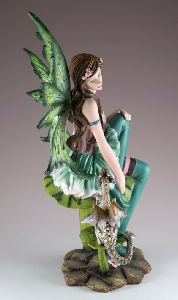 Fairy Collection~Green Fairy With Little Dragon On Mushroom Figurine 10" High Resin Statue New