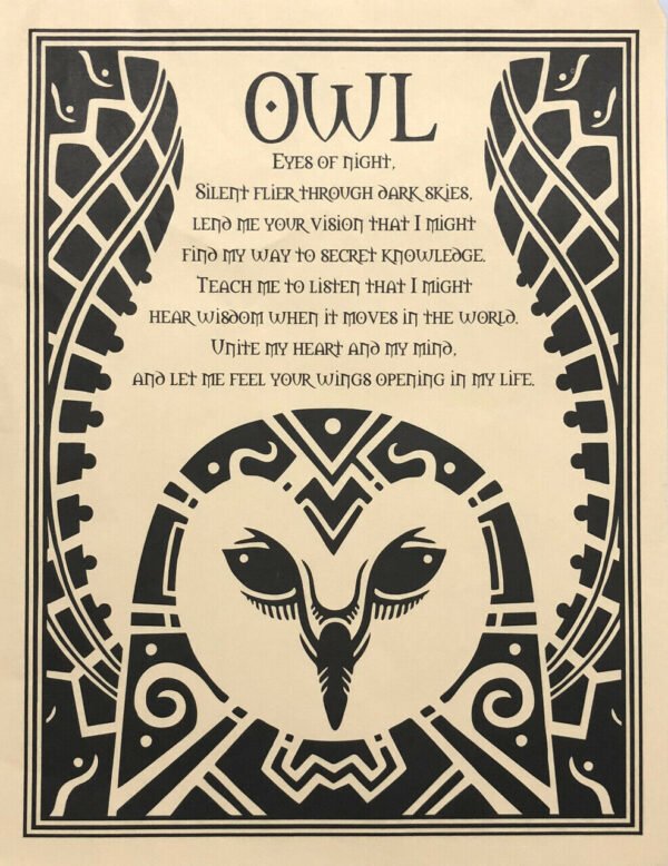 Witchcraft~Owl Prayer Spirit Animal Parchment Page Poster Book Of Shadows Wicca Pagan