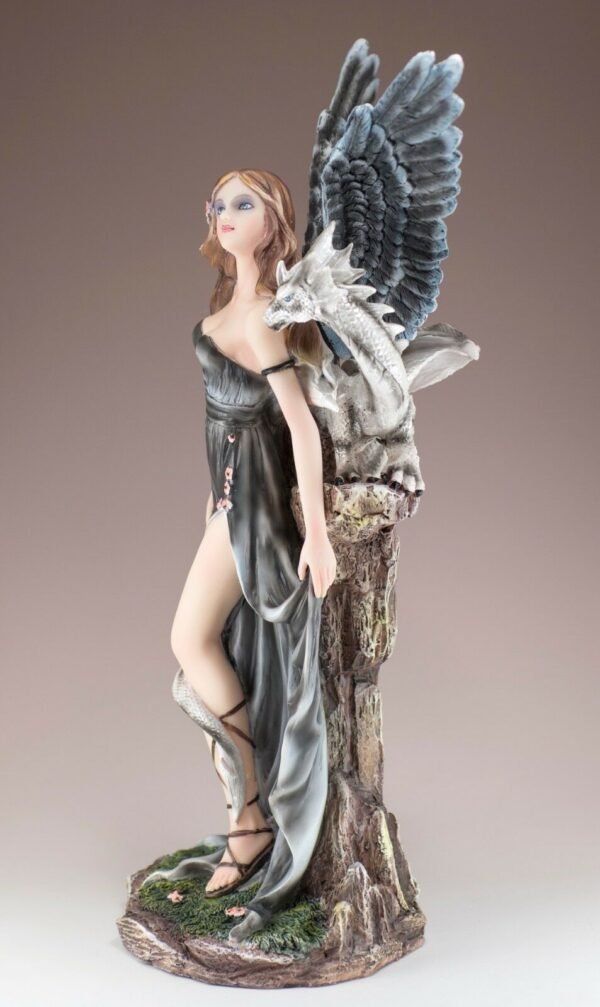 Fairy Collection~Dark Angel Fairy With White Dragon Figurine Statue Feathered Wings 14.75"H New