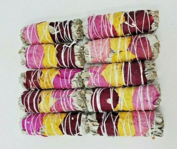 Palo Santo & Sage~10X California White Sage Smudge Sticks with Rose Petals 4" Negativity Removal