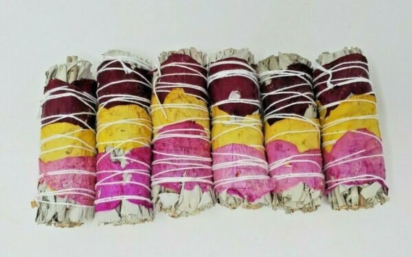 Palo Santo & Sage~5 Pack California White Sage Smudge Sticks w/ Rose Petals 4" Negativity Removal