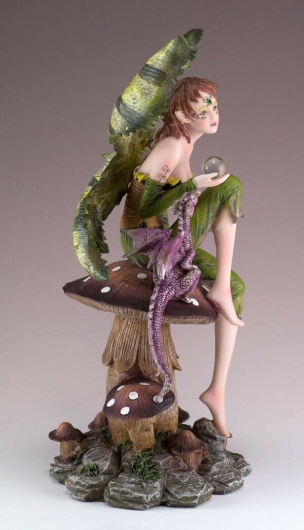 Fairy Collection~Green Fairy With Dragon and Crystal Ball On Mushroom Figurine 8.75" High Statue