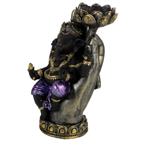 Home Decor~Purple, Gold and Black Ganesh in Hand Lotus Tea Light Candle Holder - 18cm Tall
