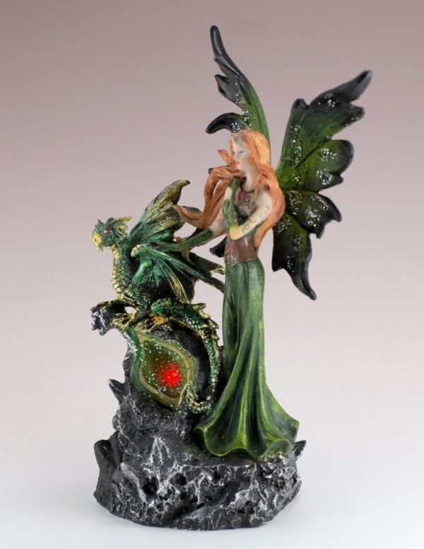 Fairy Collection~Green Fairy Figurine With Dragon On LED Faux Geode 8.75" High Resin Statue New