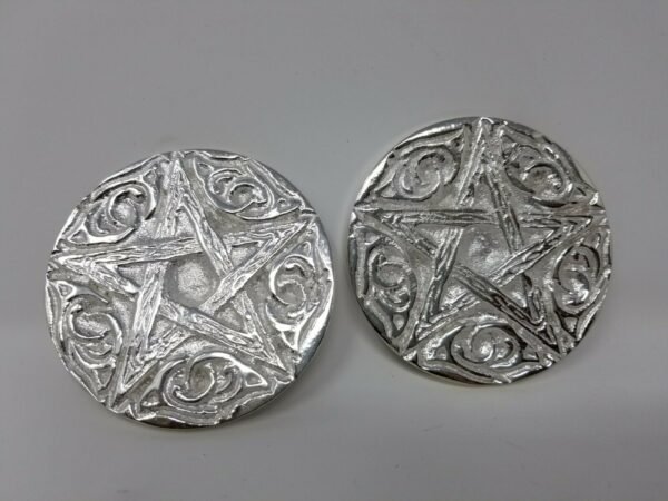 Wicca & Paganism~Woodland Pentagram Altar Tile Silver Plated over Solid Brass 3" Round 2 Pc