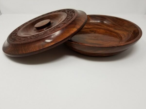 Wicca & Paganism~Carved Wooden Offering Bowl w/ Lid 10" Handmade Wood Round Floral Design