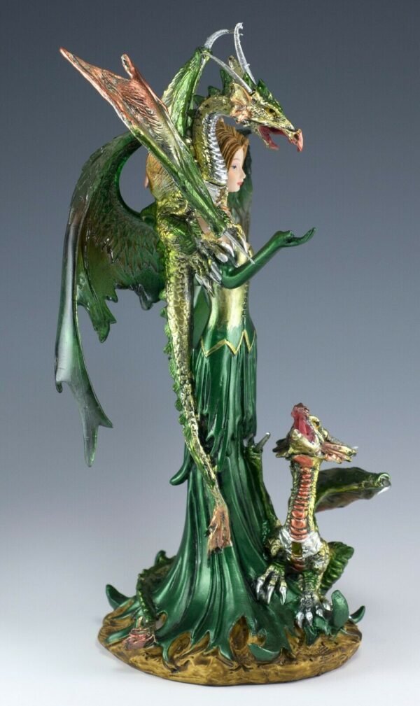 Fairy Collection~Green Fairy With 2 Dragons Figurine Statue 9.25" High Clear Wings Resin New