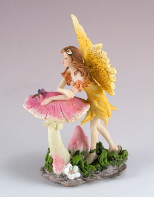 Fairy Collection~Mini Yellow Fairy Leaning On Mushroom Figurine 4.25" High Glittery Resin New!