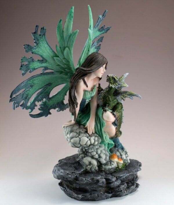 Fairy Collection~Green Fairy On Rock With Dragon Figurine Statue 12.25"H Detailed Resin New