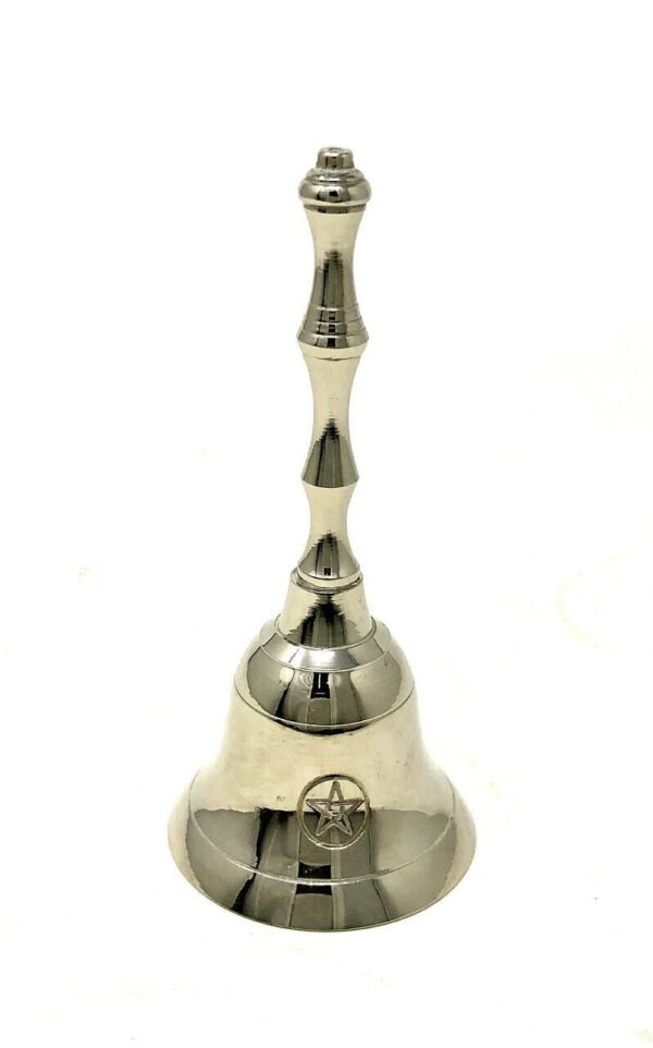 Witchcraft~Silver Tone Brass Altar Bell Pentacle Pentagram 5" Wicca