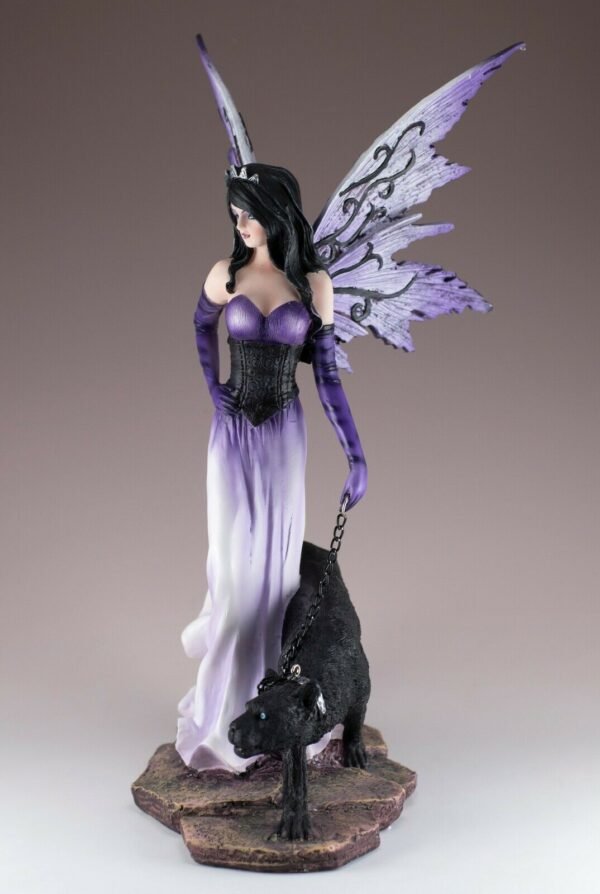 Fairy Collection~Purple Fairy Walking Black Panther On Chain Figurine Statue 11.5" High New!