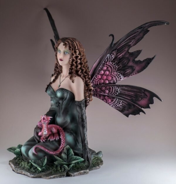Fairy Collection~Black Gothic Fairy With Red Baby Dragon Figurine Statue 13" High New In Box!