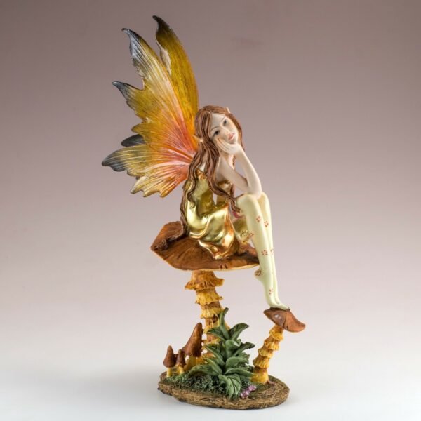 Fairy Collection~Golden Fairy On Mushroom Figurine Statue 9" High Clear Wings Resin New In Box!