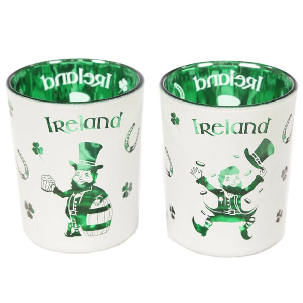 Home Decor~Lucky Leprechaun Ireland Set of 2 Glass Tea Light Votive Holders