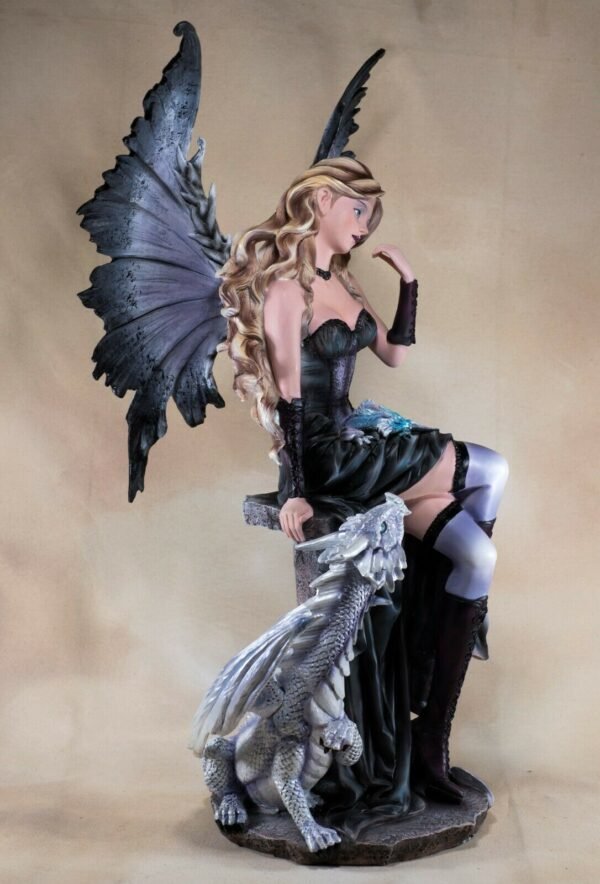 Fairy Collection~Black Dark Fairy With Two Young White Dragons Figurine Statue 21.25" High Gothic