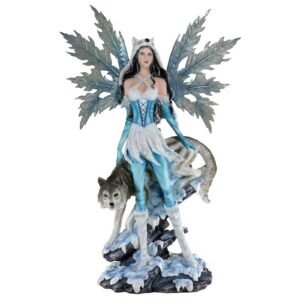 Fairy Collection~Large Scale Blue Winter Fairy With Wolf Figurine 25" High Resin Statue New!
