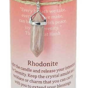 Magic Candle~Serenity Pillar Candle 6-1/4" with Rhodonite Crystal Point Healing Amulet Charm