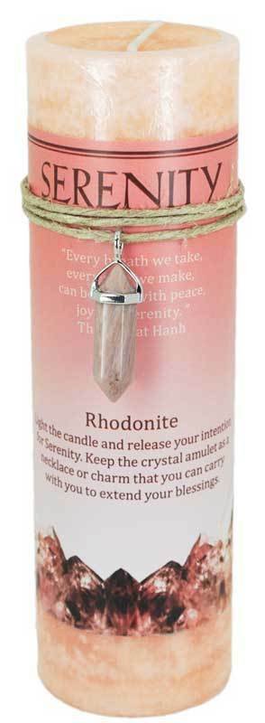 Magic Candle~Serenity Pillar Candle 6-1/4" with Rhodonite Crystal Point Healing Amulet Charm