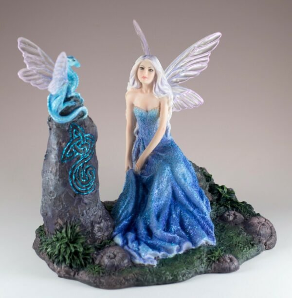Fairy Collection~Blue Fairy With Dragon Sitting On Rock Figurine Statue 6.25" High New In Box
