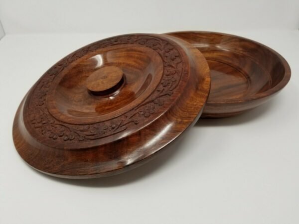Wicca & Paganism~Carved Wooden Offering Bowl w/ Lid 10" Handmade Wood Round Floral Design