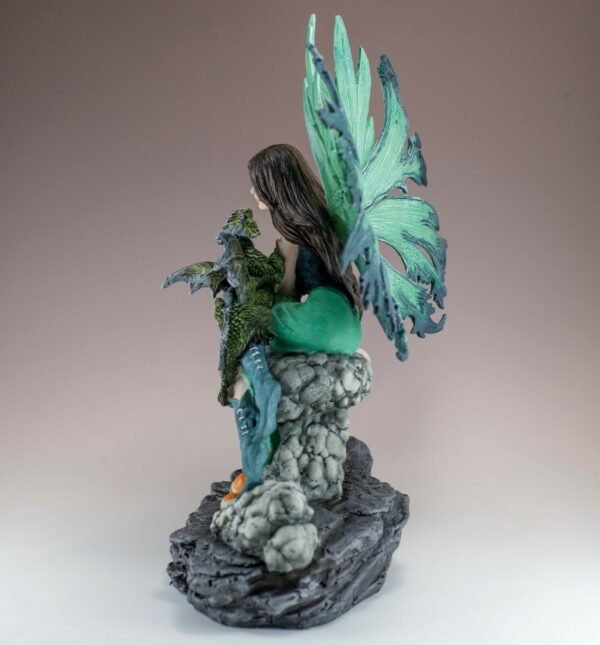 Fairy Collection~Green Fairy On Rock With Dragon Figurine Statue 12.25"H Detailed Resin New