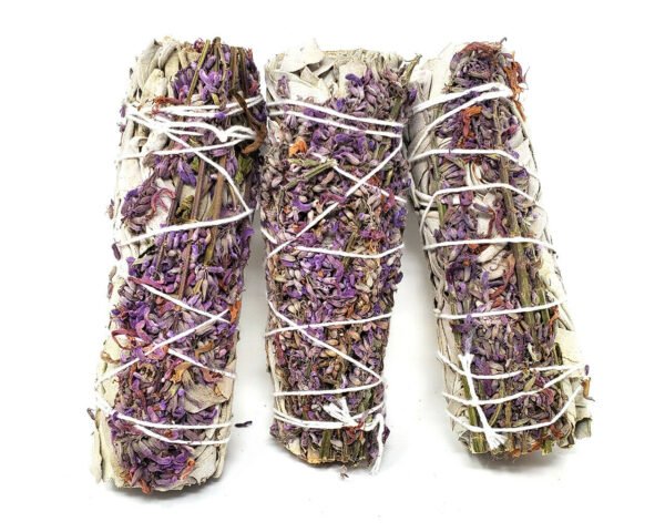 Palo Santo & Sage~White Sage & Purple "Royal" Lavender Flower Smudge Stick 4"