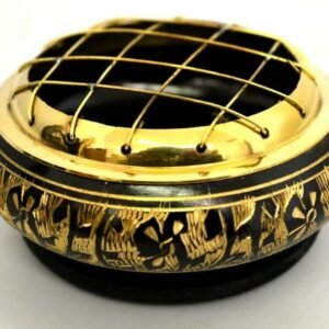 Home Fragrances ~Black Carved Brass Screen Charcoal Burner 2.75"D 1.75"H w/ Wooden Coaster