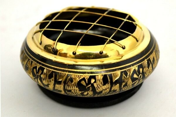 Home Fragrances ~Black Carved Brass Screen Charcoal Burner 2.75"D 1.75"H w/ Wooden Coaster